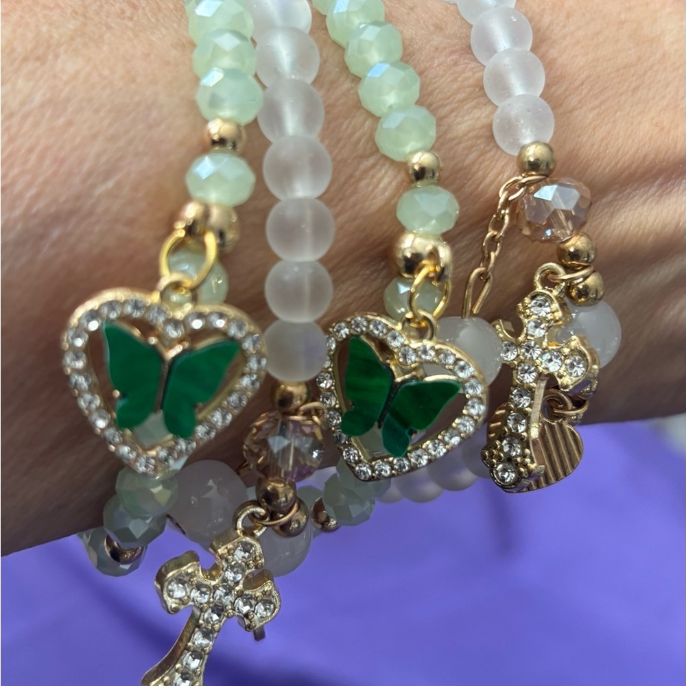 Mothers Day Christian Glass Bracelets 4Pc Set Green W/Gold Heart & Cross Charms